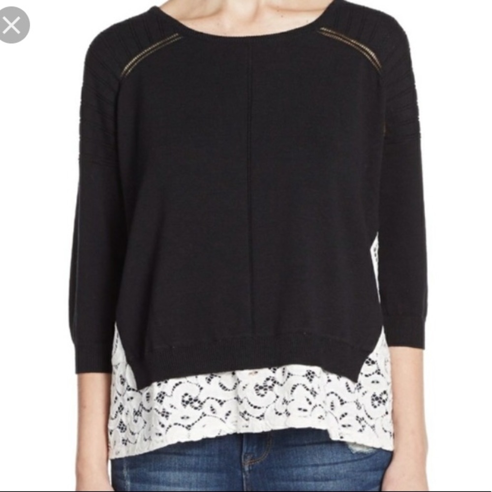 French Connection Black Sweater with Lace Trim
